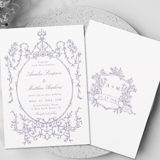 Lavender Classic Floral Frame Wedding            招待状