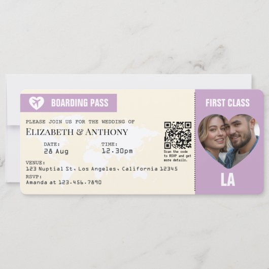 Lavender & Cream Boarding Pass Wedding 招待状 (正面)