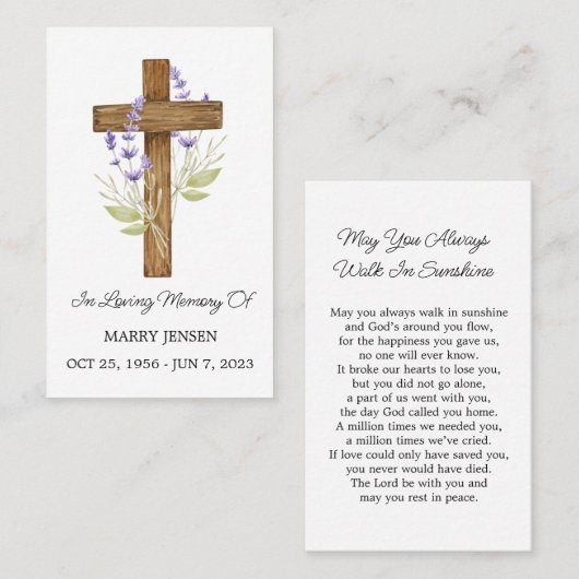 Lavender Cross Memorial Funeral Prayer Card 名刺 (正面/裏面)