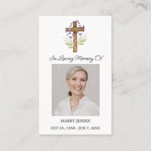 Lavender Cross Memorial Photo Funeral Prayer Card 名刺 (正面)