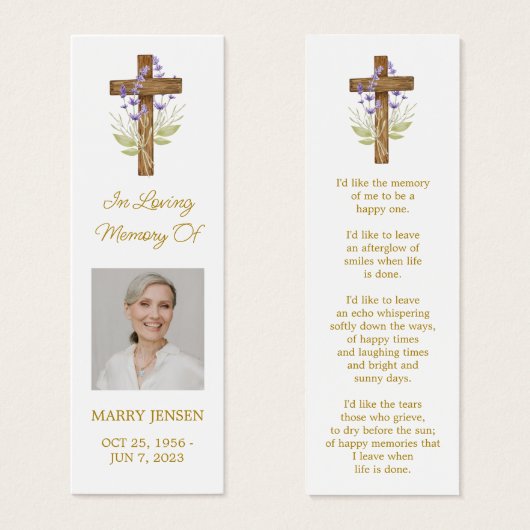 Lavender Cross Photo Funeral Bookmark (正面&裏面)