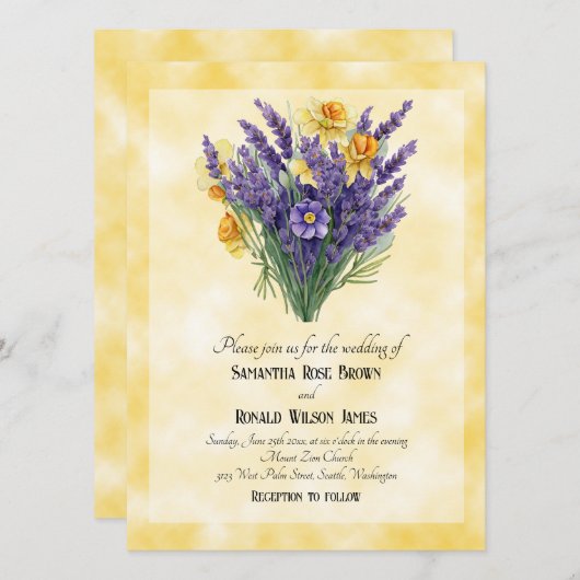Lavender & Daffodils on Yellow Background 結婚's 招待状 (正面/裏面)