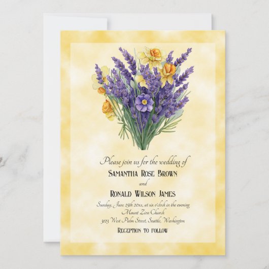 Lavender & Daffodils on Yellow Background 結婚's 招待状 (正面)