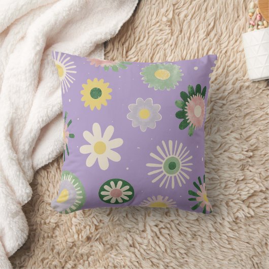 Lavender Daisy Floral Pillow クッション (ブランケット)