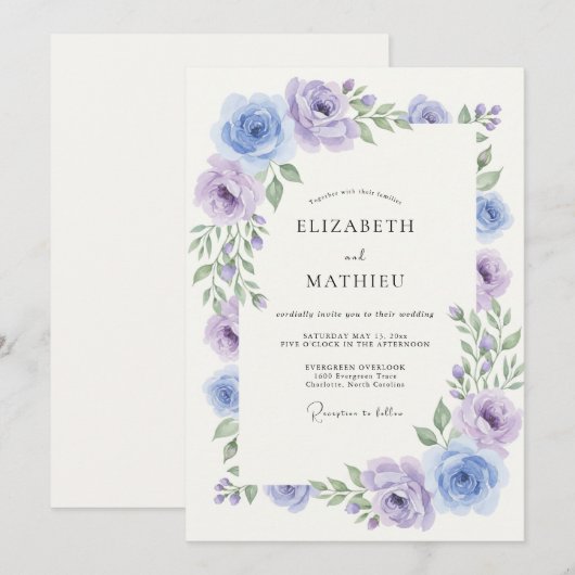 Lavender Dreamy Spring Rose Wedding 招待状 (正面/裏面)