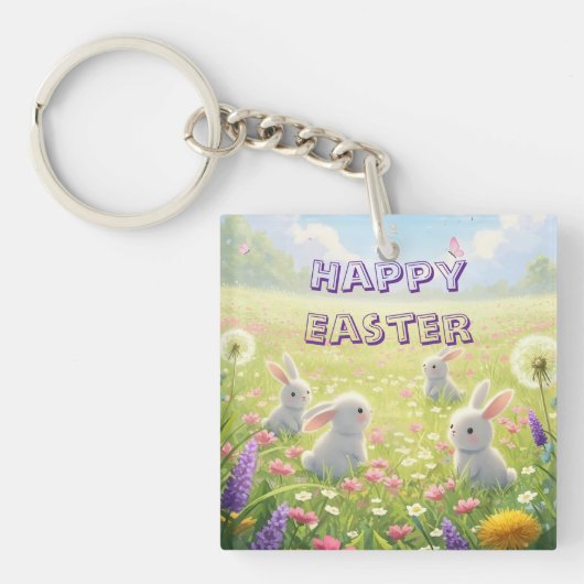Lavender Easter Cute White Bunny Floral Spring  キーホルダー (正面)