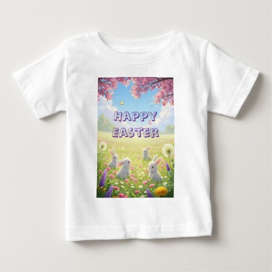 Lavender Easter Cute White Bunny Floral Spring  ベビーTシャツ (正面)