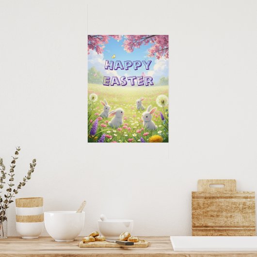 Lavender Easter Cute White Bunny Floral Spring  ポスター (キッチン)