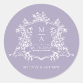 Lavender Elegant Floral Crest Monogram Wedding ラウンドシール (正面)