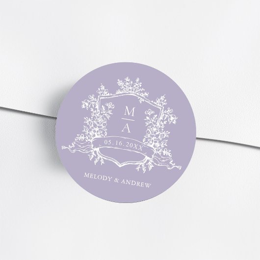 Lavender Elegant Floral Crest Monogram Wedding ラウンドシール