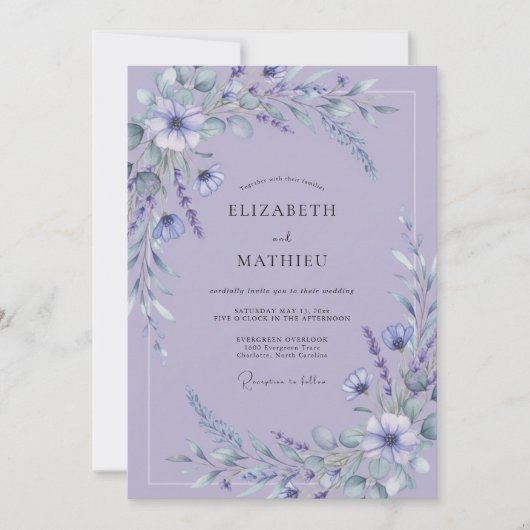 Lavender Ethereal Flourish Wedding 招待状 (正面)
