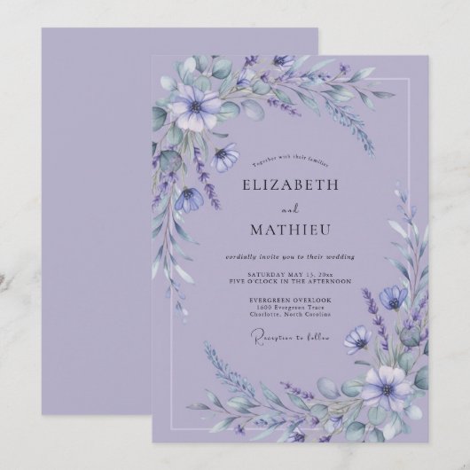 Lavender Ethereal Flourish Wedding 招待状 (正面/裏面)