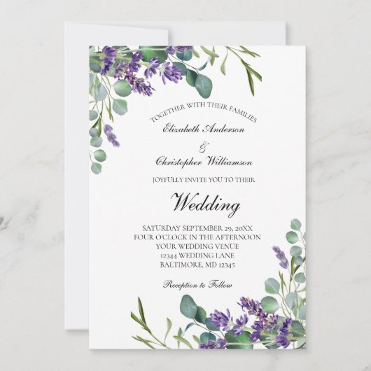 Lavender Eucalyptus Floral Botanical Wedding 招待状 (正面)