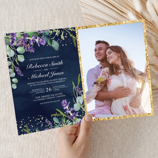 Lavender Eucalyptus Navy Blue QR Code Wedding 招待状