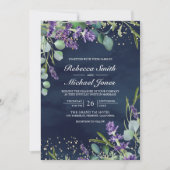 Lavender Eucalyptus Photo Navy QR Code Wedding 招待状 (正面)