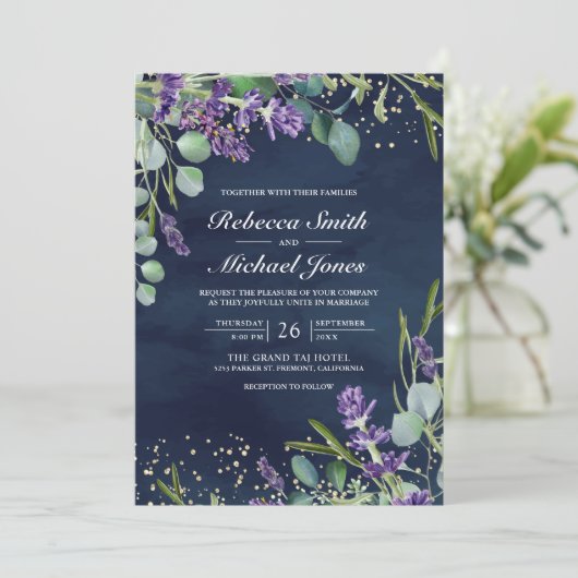 Lavender Eucalyptus Photo Navy QR Code Wedding 招待状 (スタンド正面)