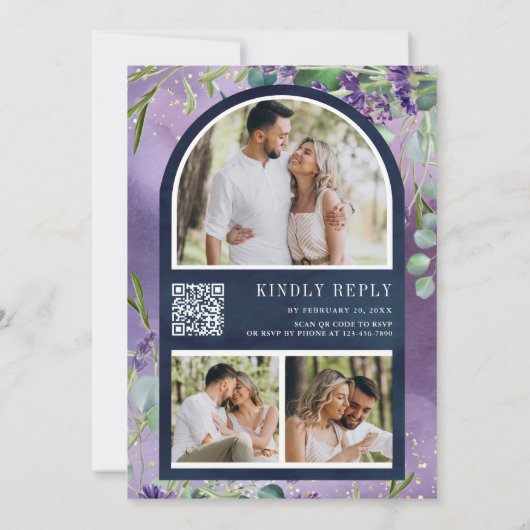 Lavender Eucalyptus Photo Navy QR Code Wedding 招待状 (裏面)