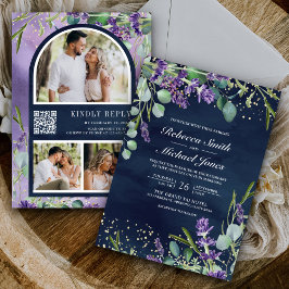 Lavender Eucalyptus Photo Navy QR Code Wedding 招待状