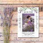 Lavender eucalyptus photo wedding Save the Date 案内ポストカード<br><div class="desc">A modern wedding Save the Date photo card.  Decorated with lavender florals,  flowers and eucalyptus greenery.  Personalize and add your photo,  date,  names.
Back: gray green background color,  postcard design.</div>