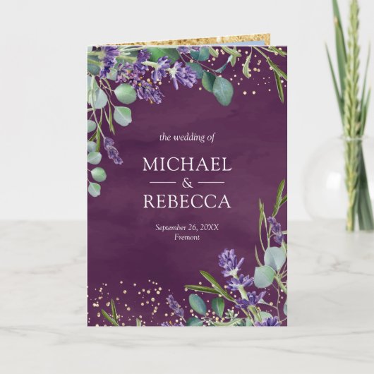 Lavender Eucalyptus Purple Photo QR Code Wedding 招待状 (正面)