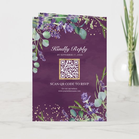 Lavender Eucalyptus Purple Photo QR Code Wedding 招待状 (裏面)