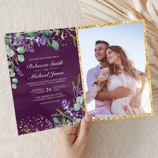 Lavender Eucalyptus Purple Photo QR Code Wedding 招待状