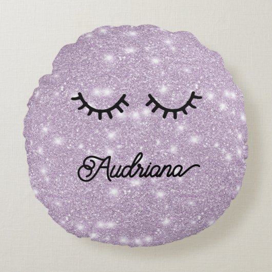 Lavender Faux Glitter Eyelashes Personalized Name ラウンドクッション (正面)