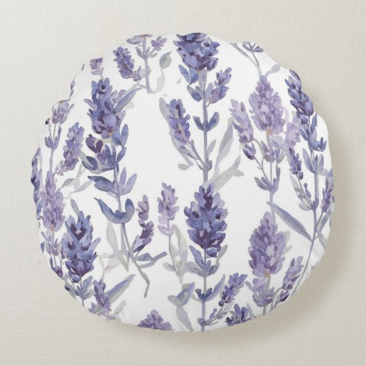 Lavender Fields | Purple Watercolor Flower Pattern ラウンドクッション (正面)