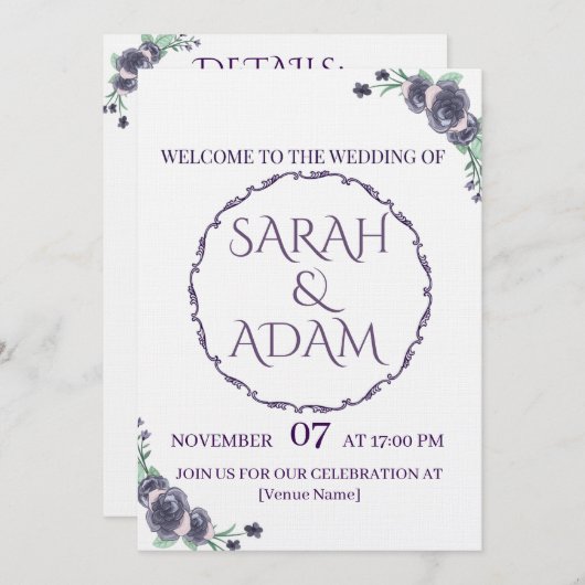 Lavender Floral All-in-One Wedding Invite 招待状 (正面/裏面)