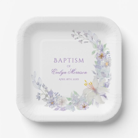 Lavender Floral Baptism Paper Plates ペーパープレート (正面)