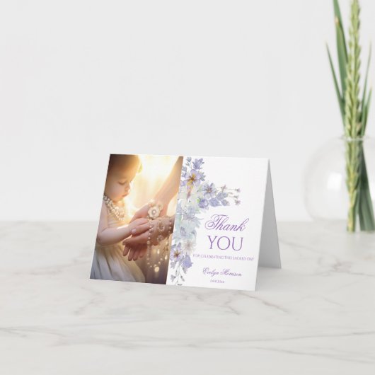 Lavender Floral Baptism Photo Thank You Card サンキューカード (正面)