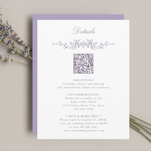 Lavender Floral Border QR Code Wedding Details エンクロージャーカード