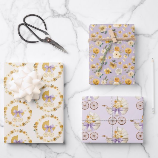 Lavender Floral Carriage Baby Shower Gift Wrap Set ラッピングペーパーシート (正面)