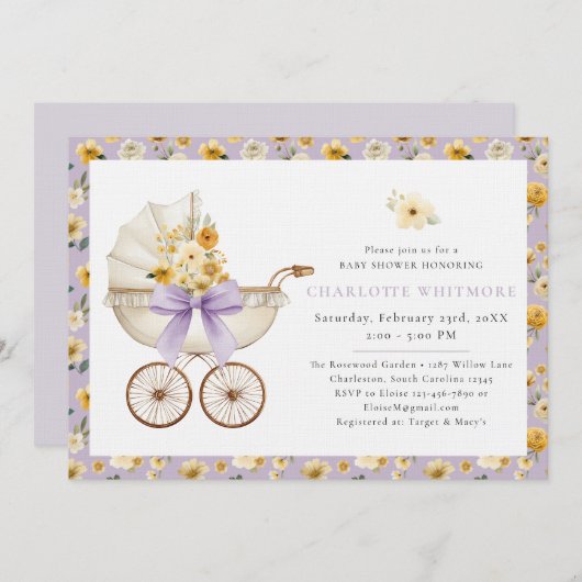 Lavender Floral Carriage Baby Shower Invite 招待状 (正面/裏面)
