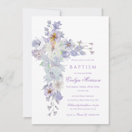 Lavender Floral Cross Baptism Invitation 招待状 (正面)