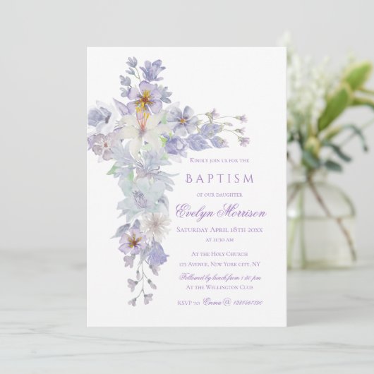 Lavender Floral Cross Baptism Invitation 招待状 (スタンド正面)