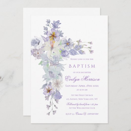 Lavender Floral Cross Baptism Invitation 招待状 (正面/裏面)