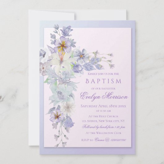 Lavender Floral Cross Baptism Invitation 招待状 (正面)