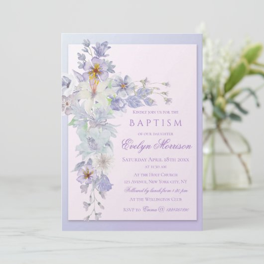 Lavender Floral Cross Baptism Invitation 招待状 (スタンド正面)