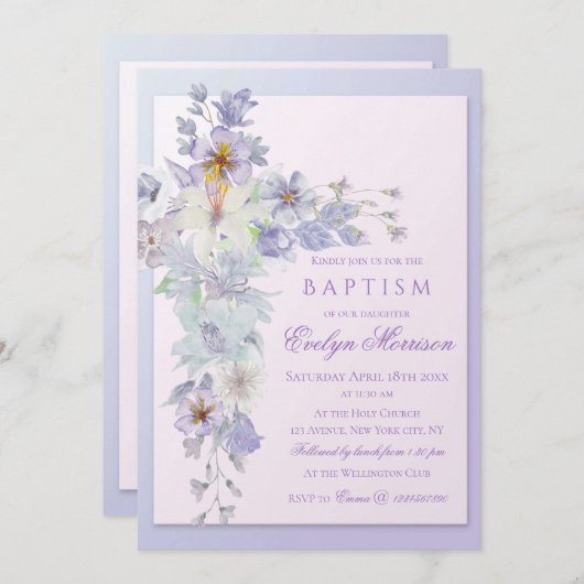 Lavender Floral Cross Baptism Invitation 招待状 (正面/裏面)