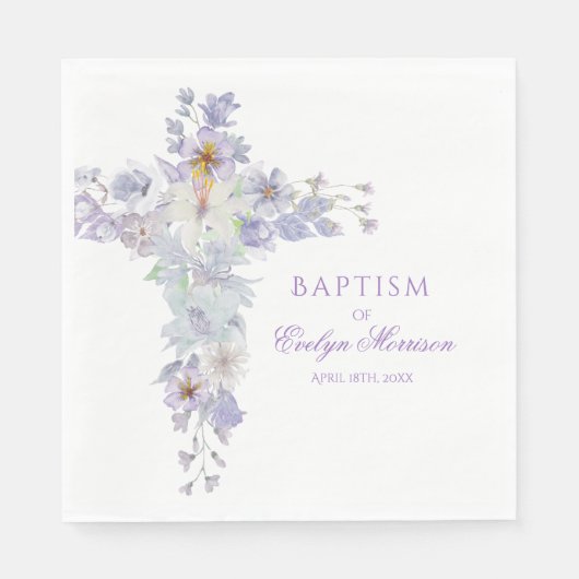 Lavender Floral Cross Baptism Napkins スタンダードランチョンナプキン (正面)