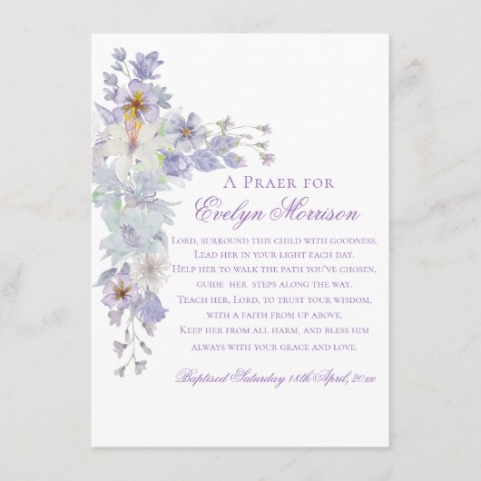 Lavender Floral Cross Baptism Prayer Card エンクロージャーカード (正面)