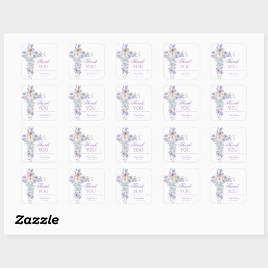 Lavender Floral Cross Baptism Sticker スクエアシール (シート)