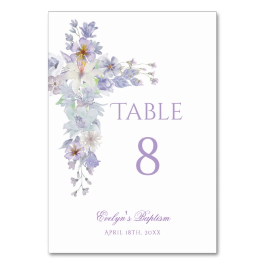 Lavender Floral Cross Baptism Table Number テーブルナンバー (正面)