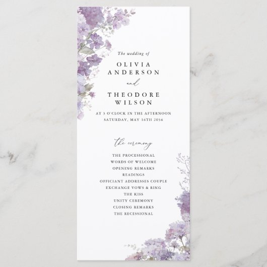 Lavender Floral Elegant Wedding Ceremony Program プログラム (正面)