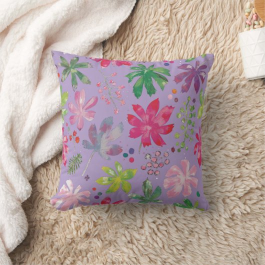 Lavender Floral Leaf Pattern Throw Pillow クッション (ブランケット)