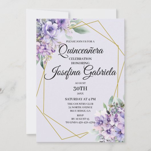 Lavender floral Quinceañera Invitation 招待状 (正面)