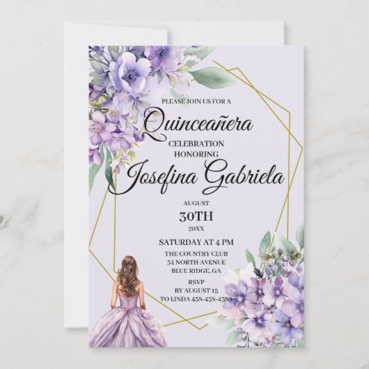 Lavender floral Quinceañera Invitation 招待状 (正面)