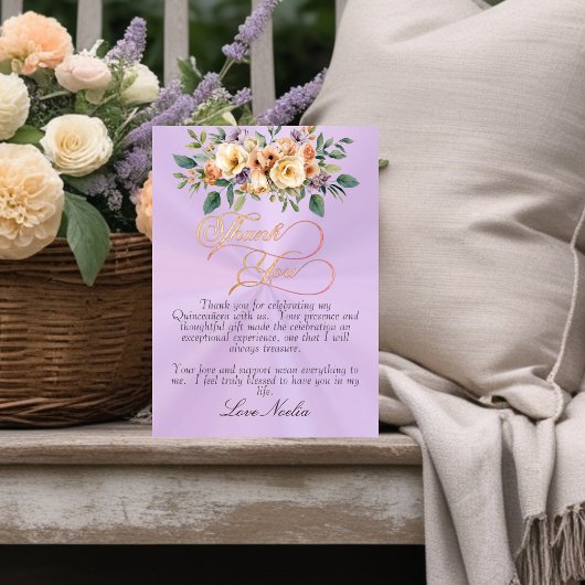 Lavender - Floral & Silver Tiara Quinceanera サンキューカード