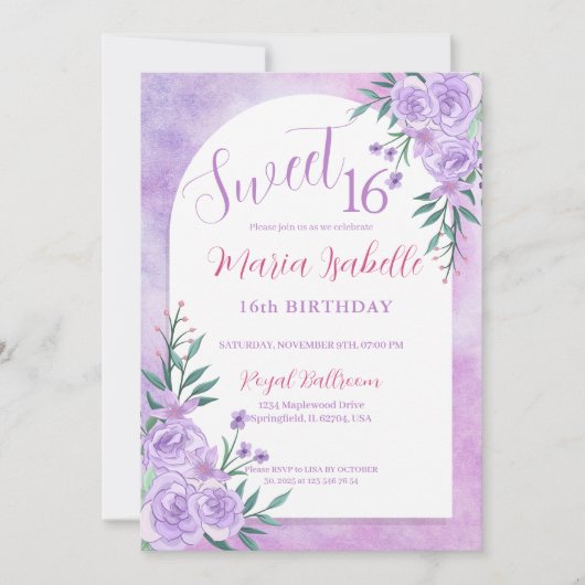 Lavender Floral Sweet 16 Birthday Invitation 招待状 (正面)